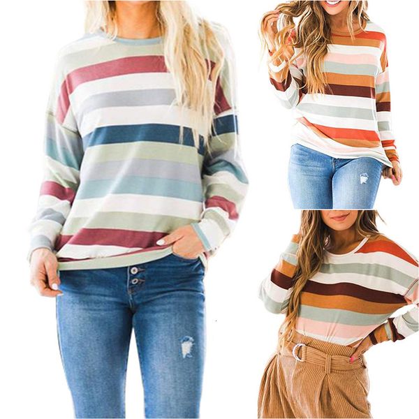 

2021 new autumn and winter long-sleeved multicolor striped women's t-shirt casual loose round neck woman tshirts femme rnaa vfnd, White