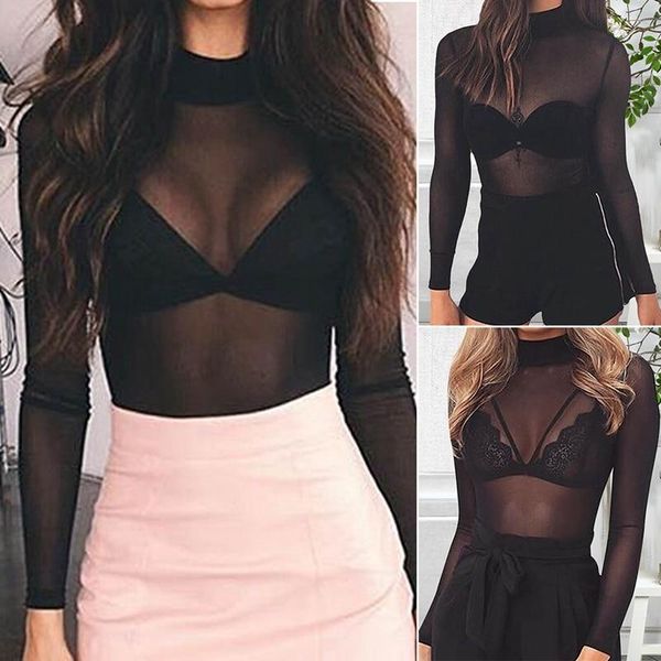 

women's t-shirt long sleeve punk gothic style clubwear beach fashion fishnet transparent mesh women black t shirt, White