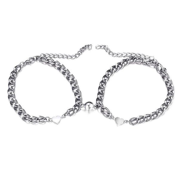 

charm bracelets fashion love heart couple for women retro punk hip hop silver color alloy magnet attracts chain bracelet party jewelry, Golden;silver