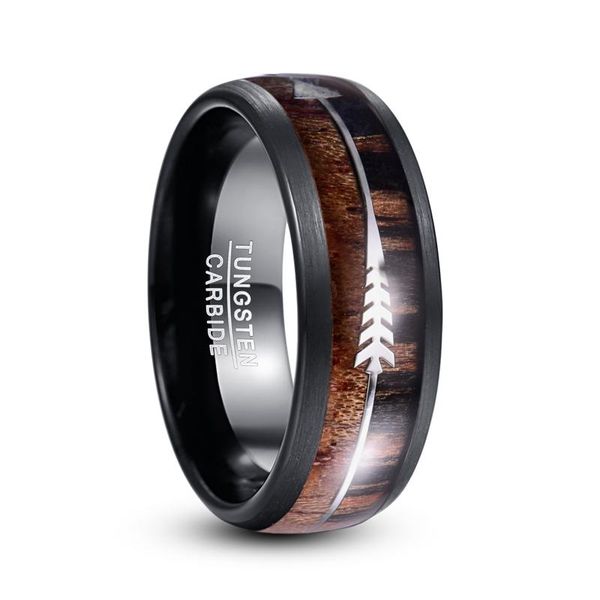 

cluster rings frosted hawaiian koa wood tungsten carbide for men 8 mm wide black walnut silver color arrow dome vintage jewelry, Golden;silver