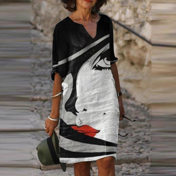 

summer fashion casual womens dresses v neck abstract print loose mid sleeve bohemia plus size sundress, Black;gray