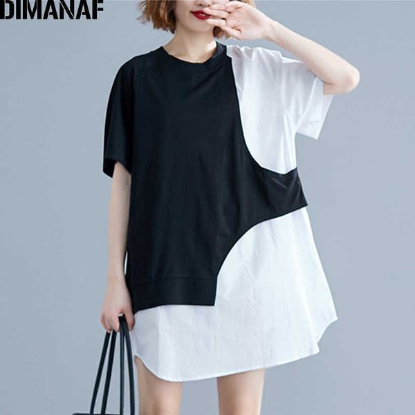 

plus size women t-shirts summer big lady tees cotton black spliced loose casual tunic shirts female clothing 210531, White