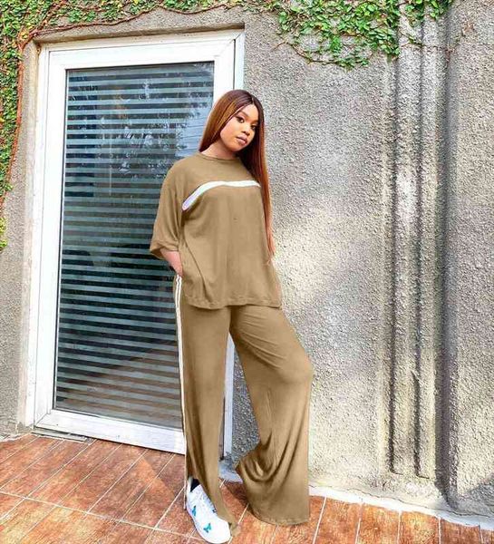 

quality fashion design 2 pcs tracksuits women set solid o-neck half sleeve and long pants elastic casual outfits, Gray