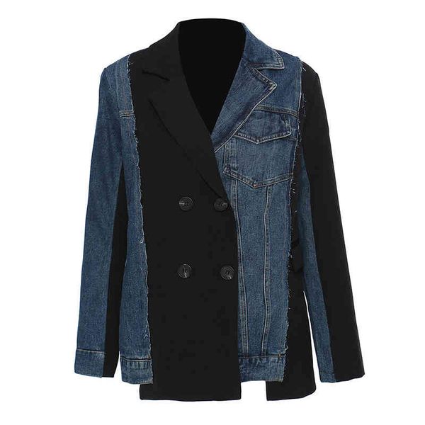 

women's suits & blazers [eam] women denim plaid big size irregular blazer lapel long sleeve loose fit jacket fashion spring autumn 2022, White;black
