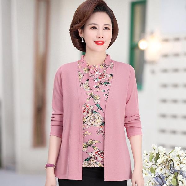 

women's sweaters pink green office ladies knit fall women middle-aged elderly sweater fake two piece clothes blouses mothers pullovers, White;black