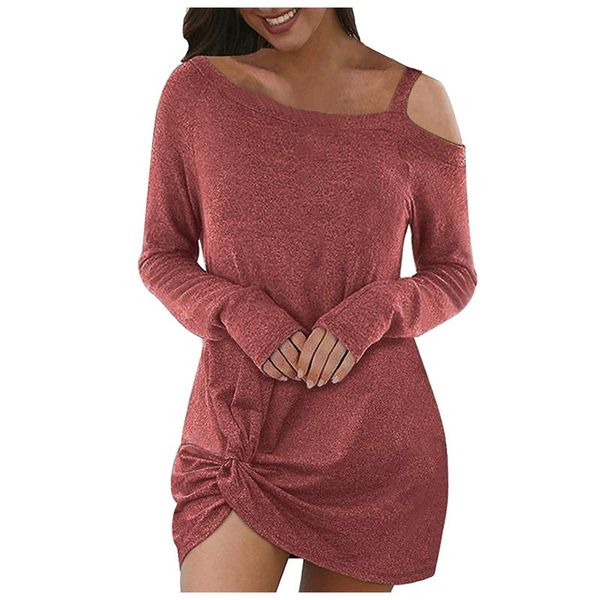 

casual dresses t shirt dress womens off shoulder long sleeve loose solid cotton mini ront knot tie basic vestidos, Black;gray