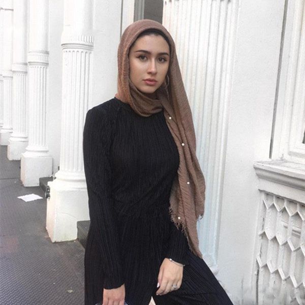

ethnic clothing style monochrome hijab muslim ladies headscarves unwrapped cotton linen nails pearl wrinkled turban fashion shawl scarf, Red