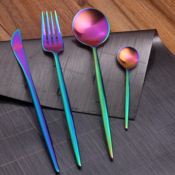 

flatware set steak knife soup scoop fork stainless steel portugal style rainbow color dinnerware rose gold tableware 1set