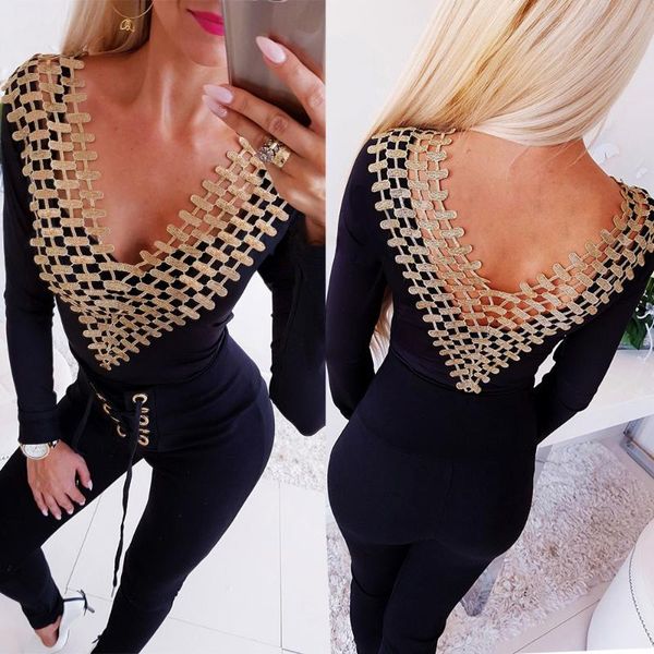 

women's jumpsuits & rompers women bodysuit low cut hollow out patchwork slim long sleeve skinny romper, Black;white