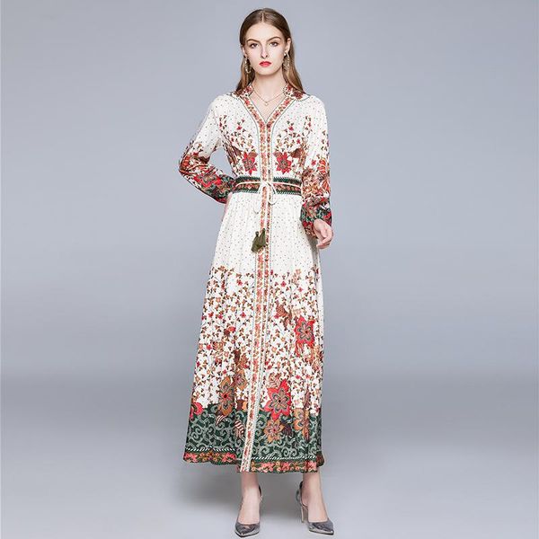 

2021 spring fashion designer runway maxi dress long sleeve woman clothes floral print v neck beach robe femme holiday vestidos, Black;gray