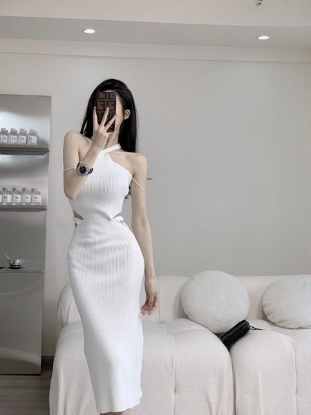 

party dresses 3.29 high end women's fashion halter sleeveless ribbed knit dress temperament hollow out slim midi, White;black