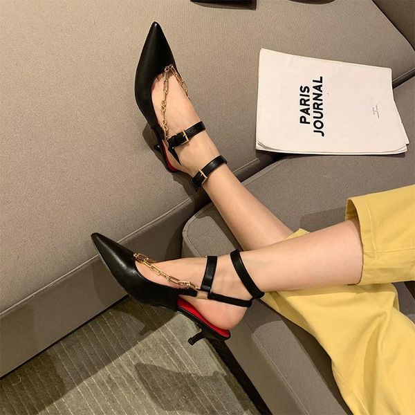 

shoes woman 2021 summer ladies high heels valentine shoes female pointed toe pumps for womens shoe zapatos chaussure femme chain, Black