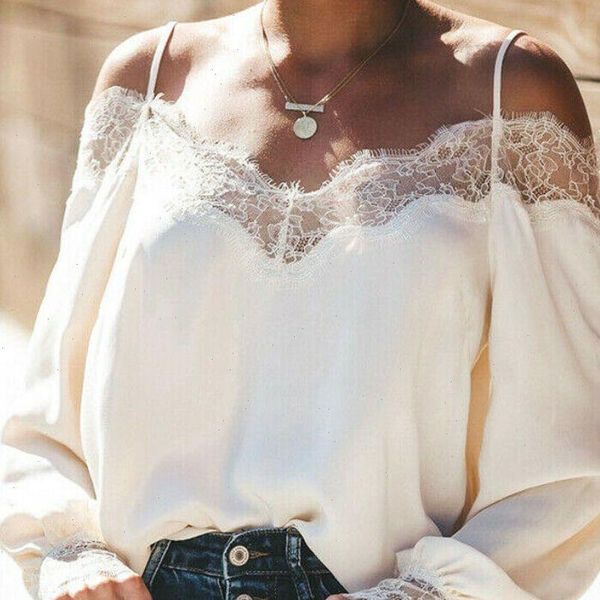 

new women off shoulder long loose sleeves ruffle lace blouse shirt ladies backless solid color casual blouse summer, White