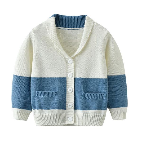 

pullover children's knit clothes spring and autumn korean boy v-neck pure cotton cardigan baby blue white contrast sweater coat