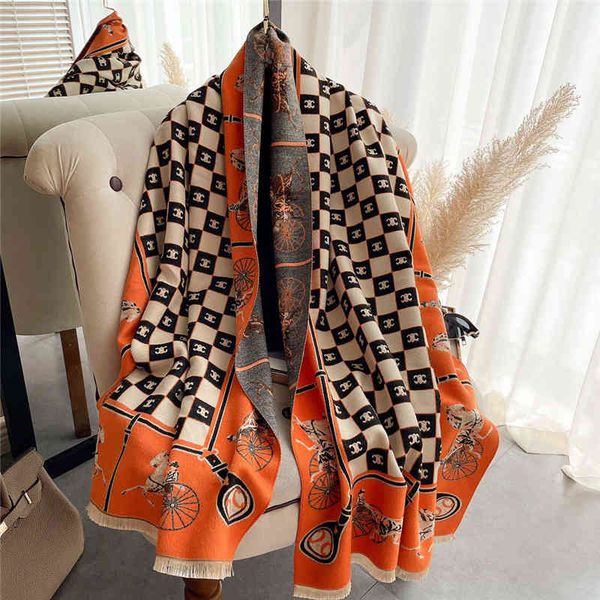 

design female 2021 autumn and new thickened imitation cashmere warm medium long scarf shawl, Blue;gray