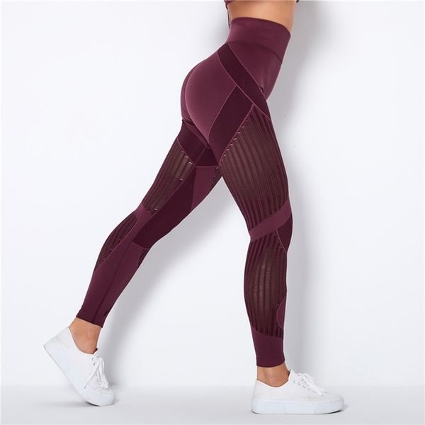 RoodTrellen 20% SPANDEX Полотые сетки Леггинсы Женщины Бесшовные Вязаные Высокие Талия Полоса Брюки Slim Push Up Fitness Leggins 210925