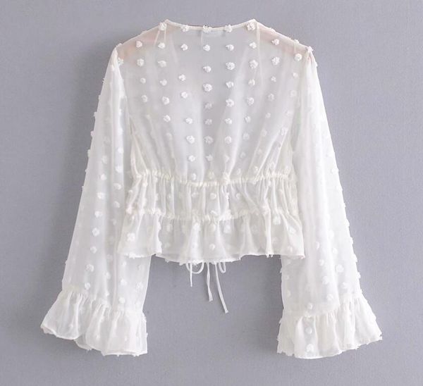 

2021 vintage tie bow lacing up adjust bandage 3d dot voile cardigan blouse white women flare sleeve holiday crop shirt