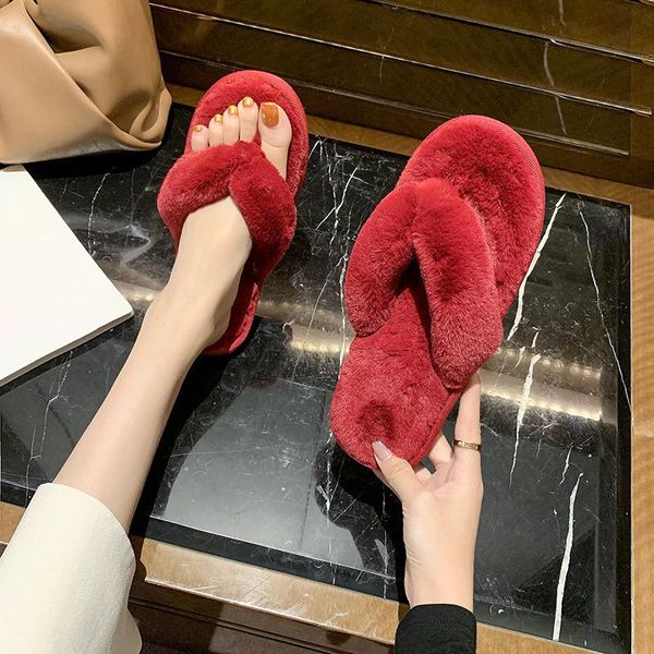 

slippers ladies plush fashion girlfriend open-toed flip flops home warm cotton furry shoes, Black