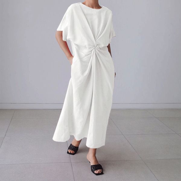 

2021 new women casual o neck solid linen cotton summer elegant short sleeve long party fashion pocket vestido 3xl 697z, Black;gray