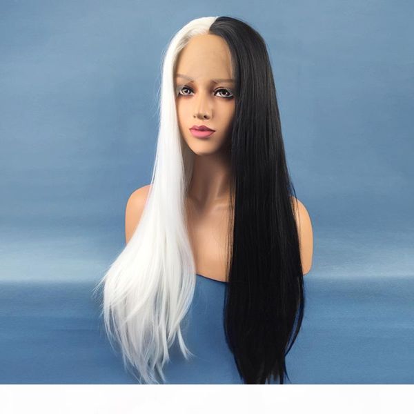

2018 cosplay hair black ombre silver heat resistant fiber long straight synthetic lace front wig 32 inch women wig