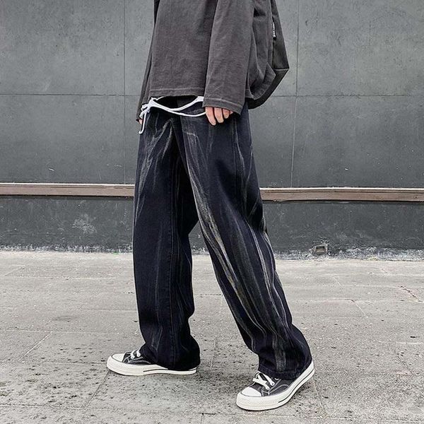 

men's jeans harajuku tie dye washed mens streetwear retro loose straight denim trousers baggy hip hop casual jean pants, Blue