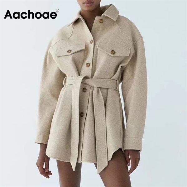 

aachoae women chic wool coats with belt solid long sleeve pockets shirt jackets outerwear turn down collar elegant coat 211130, Black