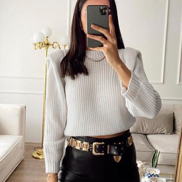 

shpulder pads long sleeve women sweater 2021 spring autumn casual knitted jumper white o neck pullover loose swaeter, White;black