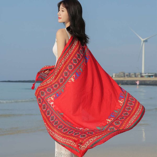 

seaside travel fashion with national style shawl female xia lijiang sun protection beach towel dual purpose long silk scarf, Blue;gray