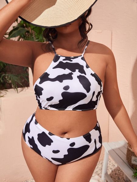 

plus cow pattern bikini swimsuit a1x1#, Black