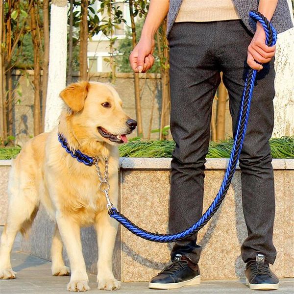 

1.2m length double strand rope large dog leashes metal p chain buckle national color pet traction rope collar set a03