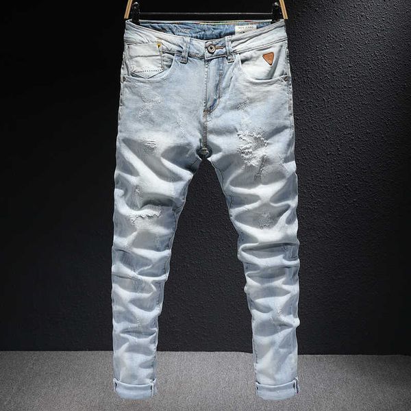 Estilo coreano moda homens jeans de alta qualidade retro luz azul algodão elástico rasgado streetwear hip hop slim denim calças z6pw