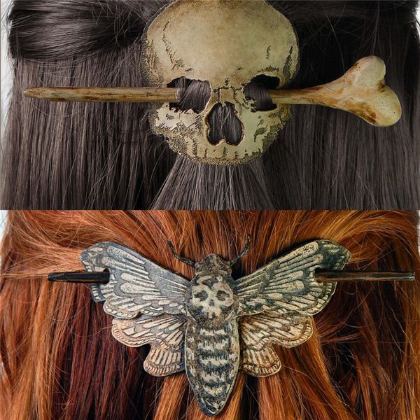 

death moth/skull hairpins stick slide with faux bone for women halloween party cosplay props hair accessories, Golden;silver