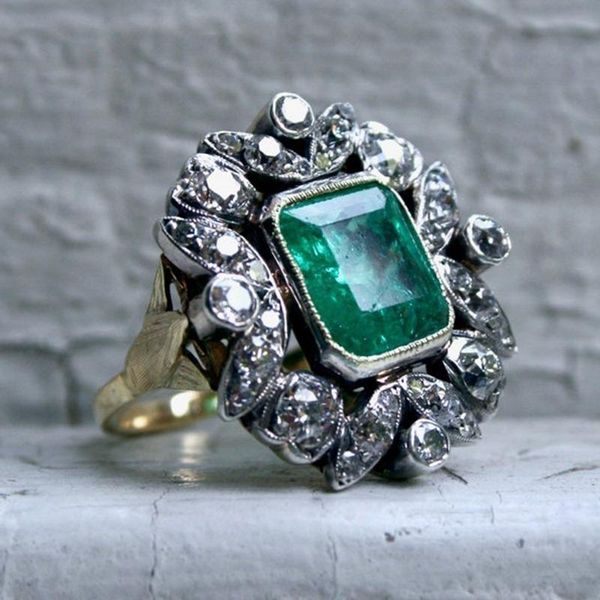 

wedding rings square green diamond engagement love ring size 6-11, Slivery;golden