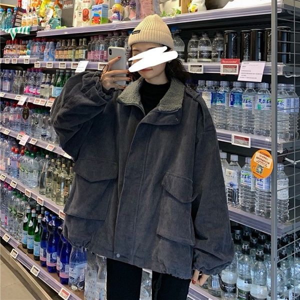 

jackets women solid simple jacket female corduroy retro pockets loose womens korean style all-match student outwear, Black;brown