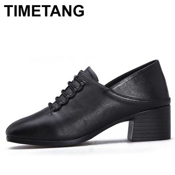 

timetang 2021 women pumps women shoes classic black genuine leather chunky heel shoes dress heels office woman