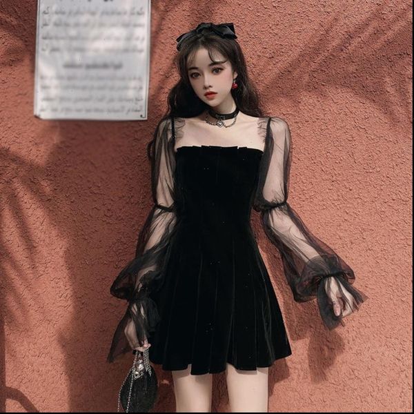 

women summer mesh dress see through puff sleeve sundress long sleeve dresses drop shipping good quality, Black;gray