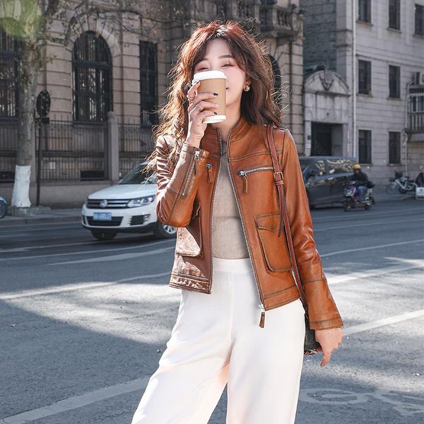 

women's leather & faux 2021 spring jacket vintage short slim real sheepskin coat motorcycle coats and jackets women veste en cuir wpy28, Black