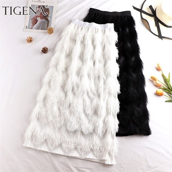 

tigena tassel maxi skirt women fashion korean casual fringe high waist straight long skirt female ladies black white 210306