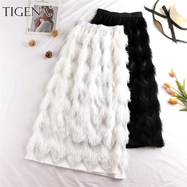 TIGENA Tassel Maxi Gonna Donna Moda Coreana Casual Frangia Vita alta Gonna lunga dritta Donna Donna Nero Bianco 210306