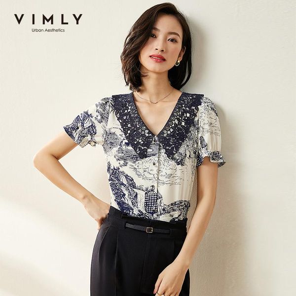 

women's blouses & shirts vimly 2021 summer women lace lapel blouse office lady retro printed slim single-breasted elegant female f1320, White