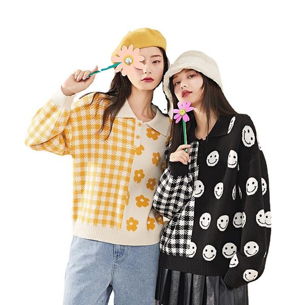 

women's sweaters sweet sweater women turn-down collar smile heart print pullovers 2021 autumn loose preppy style knitwear female cx2417, White;black
