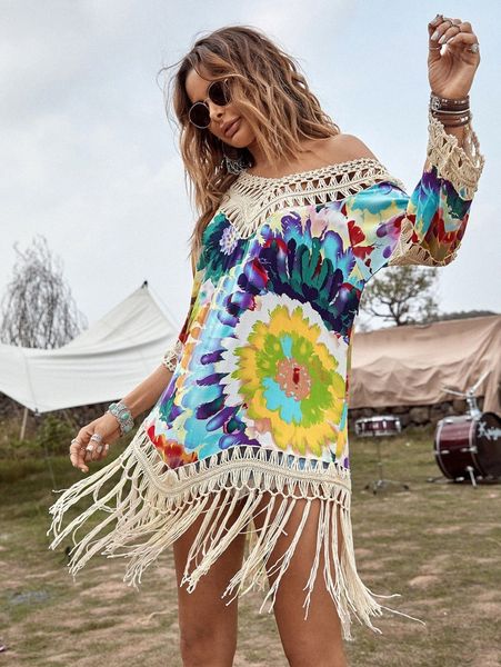 

floral print crochet trim fringe hem cover up c8ws#, White;black