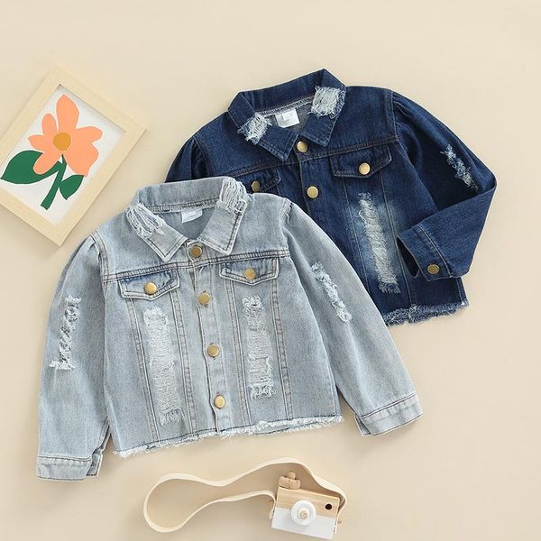 

jackets toddler girls ripped denim 1-6y fashion long sleeve breasted hole coat jean jacket for coats outerwear, Blue;gray