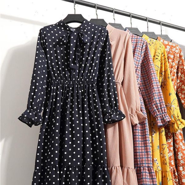 

womens polka dot printed fit and flare dress korean style autumn long sleeve lace up pleated knee party dresses wdc5864, Black;gray