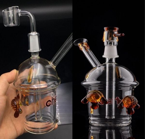 narghilè a forma di tartaruga Recycler Bong di vetro Collo piegato Tubo di fumo trasparente Riciclatori ibridi Tubi d'acqua con diffusore in linea a due funzioni
