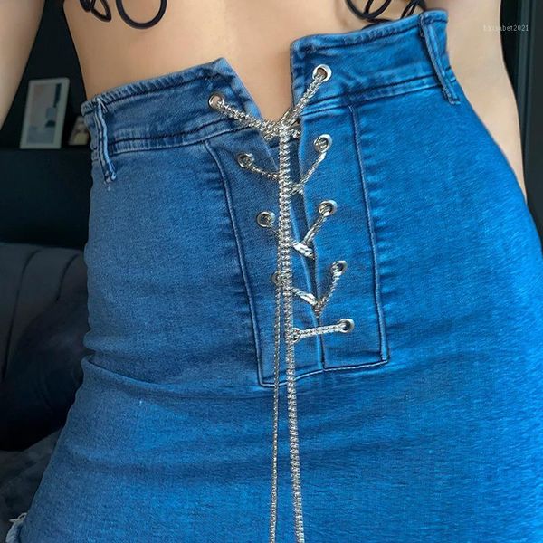 

skirts 2021 ins style elastic wrap hip high waist flash diamond denim mini skirt baffi casual all-match chain women, Black