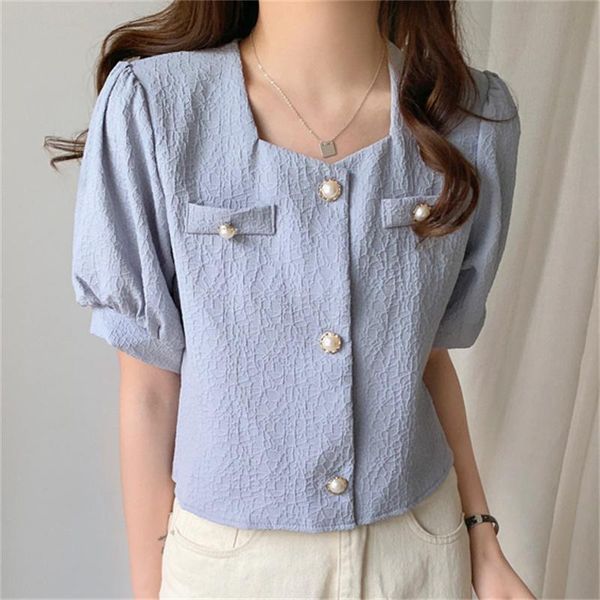 

women's blouses & shirts hzirip 2021 slim girls sweet solid femme stylish french chic square collar puff sleeves gentle high waist shor, White