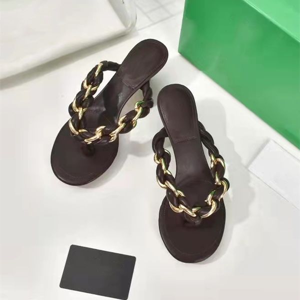 

2022summer lastest women slides slippers leather chains weave slip-on party wedding high heels sandals stiletto shoe, Black