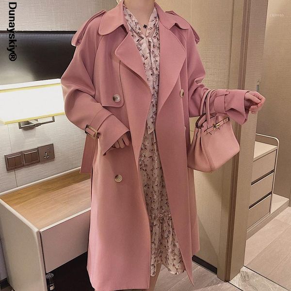 

women's trench coats fashion pink coat for women double-breasted long duster with belt lady windbreaker spring autumn outerwear, Tan;black