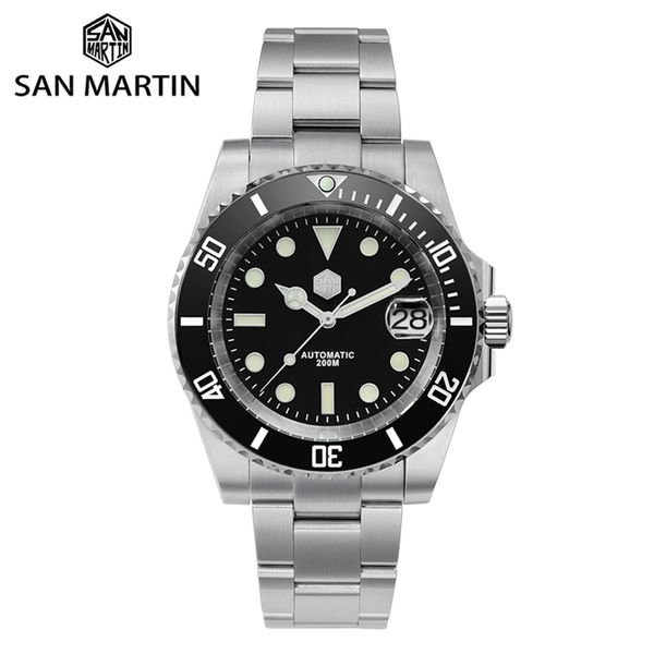 

san martin diver water ghost luxury sapphire crystal men automatic mechanical watches ceramic bezel 20bar luminous date window 210804, Slivery;brown